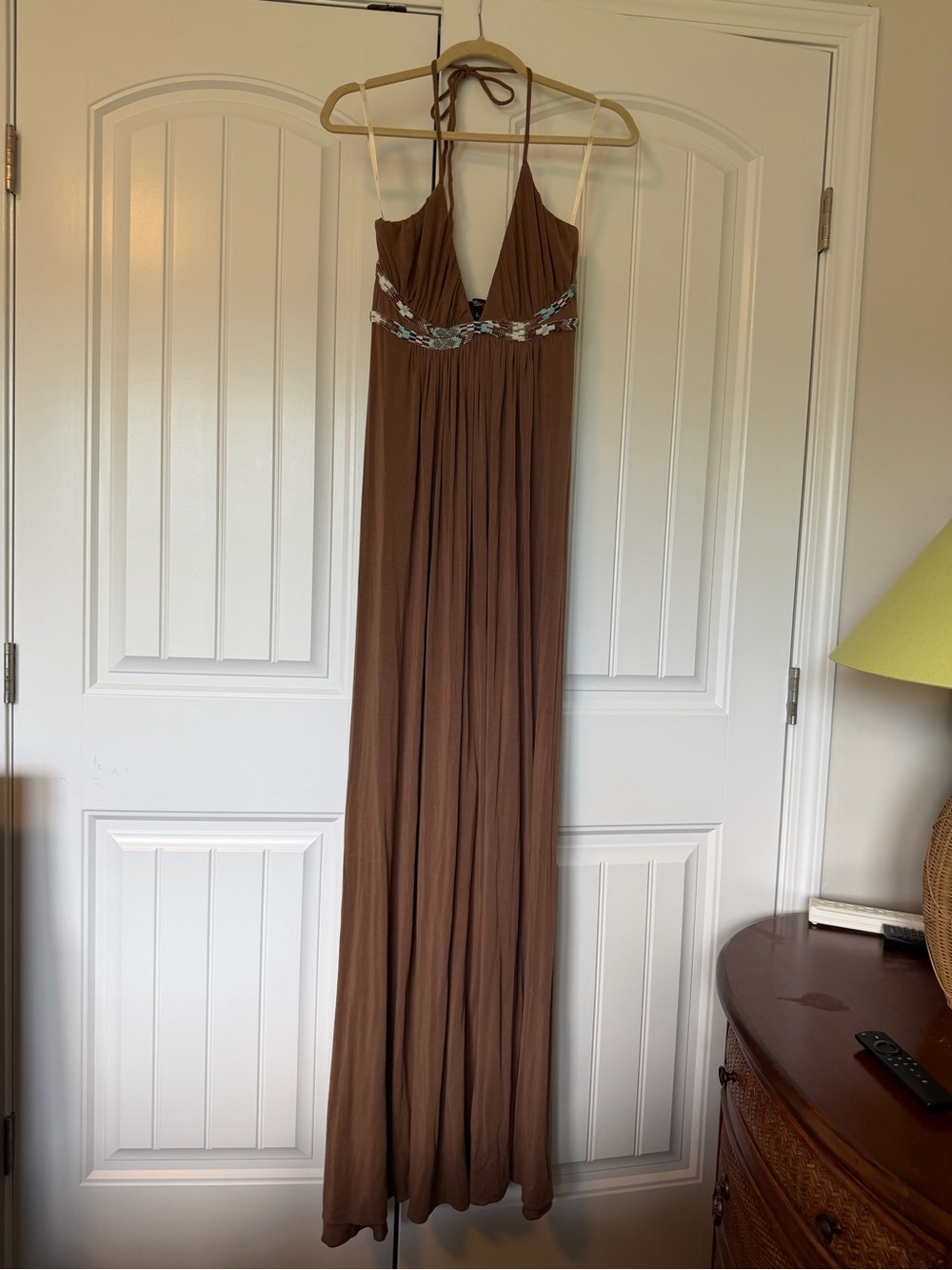 Sky Brown Halter Maxi Dress with Beaded Waist Detail